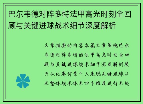 巴尔韦德对阵多特法甲高光时刻全回顾与关键进球战术细节深度解析