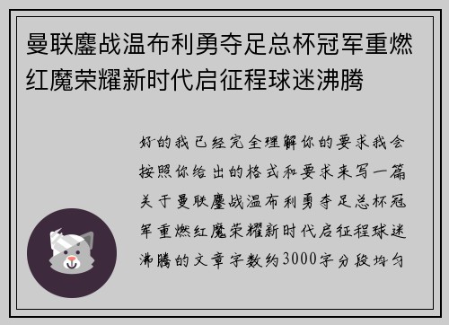 曼联鏖战温布利勇夺足总杯冠军重燃红魔荣耀新时代启征程球迷沸腾